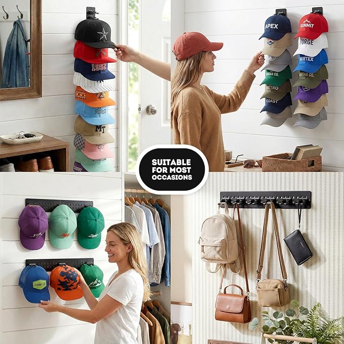2 Pack Hat Organizer for Baseball Caps,Detachable DIY Hat Rack for Wall Hold Up to 22 Hats,Baseball Cap Organizer Cap Holder Hat Hangers for Wall Closet Door Bedroom (1A-Black)