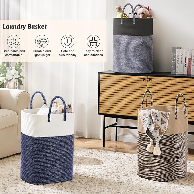 Laundry Basket,Woven Cotton Rope Laundry Hamper,Versatile Storage for Dirty Clothes,Baby Toys,and Blankets in Bathroom, Nursery,and Living Room (Jute, 60L)