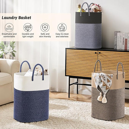 Laundry Basket,Woven Cotton Rope Laundry Hamper,Versatile Storage for Dirty Clothes,Baby Toys,and Blankets in Bathroom, Nursery,and Living Room (Jute, 60L)