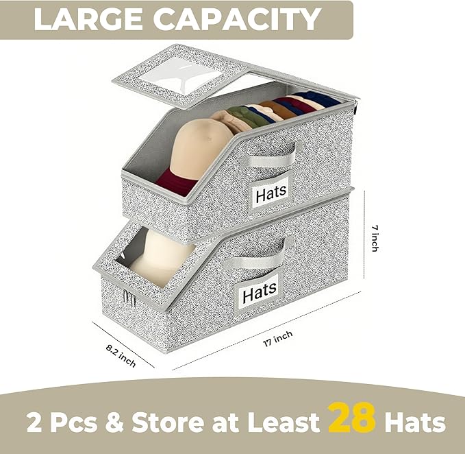 3 Pack Hat Organizer Box for Women & Men, Foldable Storage Box with Clear Lid for Baseball, Cowboy Caps, Stackable Clear Hat Organizer, Store up to 42 Caps, Grey