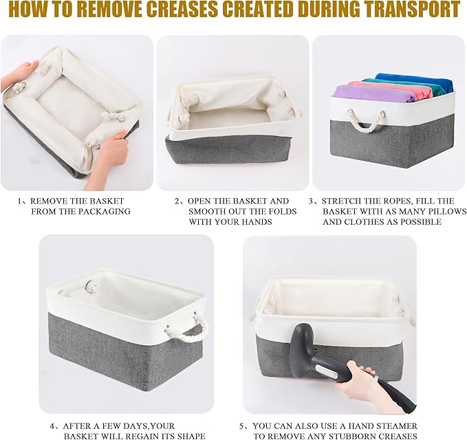 Storage Bins with Sturdy Cotton Handles(1 Pack), Fabric Storage Baskets for Organizing use for Office & Home, Book, Clothes, Toys, Closet Boxes (Small, Grey-White, 12.2x8.3x6.3 inches)