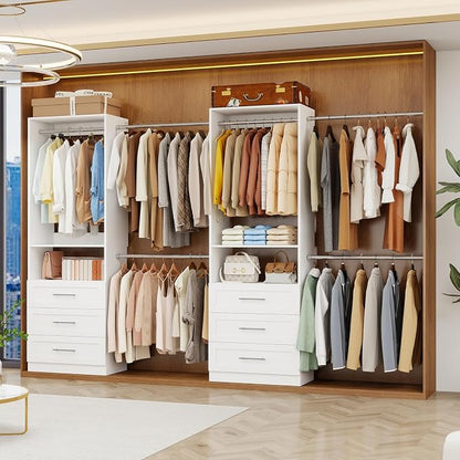 Closet System, 4FT-9FT Closet Organizer System with 3 Wooden Drawers Walk-in Closet Storage System with 5 Expandable Hanging Rods Wall Mount White