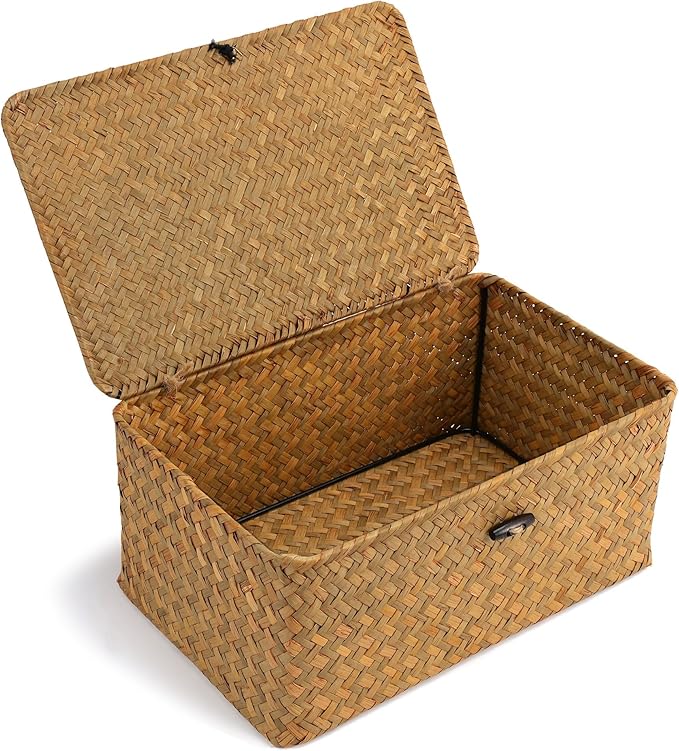 Nonam Small Basket with Lid, Natural Seagrass Bin with Lid, Shelf Baskets Multipurpose Container for Boho Decoration, Rectangular Household Storage Boxes for Home Organization-Natural