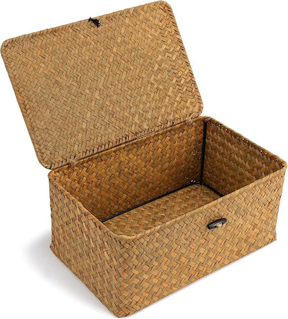 Nonam Small Basket with Lid, Natural Seagrass Bin with Lid, Shelf Baskets Multipurpose Container for Boho Decoration, Rectangular Household Storage Boxes for Home Organization-Natural