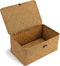 Nonam Small Basket with Lid, Natural Seagrass Bin with Lid, Shelf Baskets Multipurpose Container for Boho Decoration, Rectangular Household Storage Boxes for Home Organization-Natural