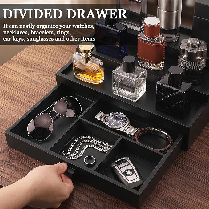 Wooden Cologne Organizer for Men 3 Tier Perfume Stand Organizer with Drawer and Hidden Compartment Cologne Display Riser Shelf Holder for Dresser Figures Fragrances Skincare Makeup Storage (Black)