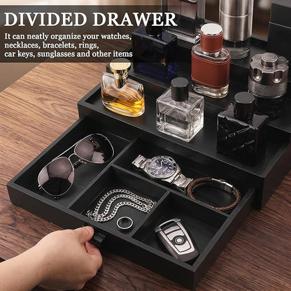 Wooden Cologne Organizer for Men 3 Tier Perfume Stand Organizer with Drawer and Hidden Compartment Cologne Display Riser Shelf Holder for Dresser Figures Fragrances Skincare Makeup Storage (Black)