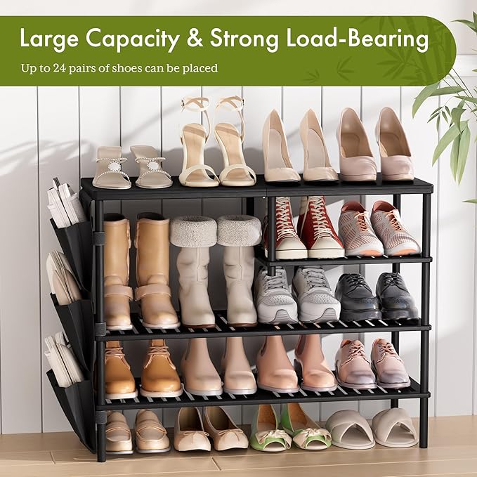 Bamboo Shoe Rack, 4 Tiers Shoe Organizer for Closet, Shoes Storage for 20-24 Pairs, Freestanding Shoe Shelf with Removable Pocket for Entryway Bedroom Front Door Dorm, Black