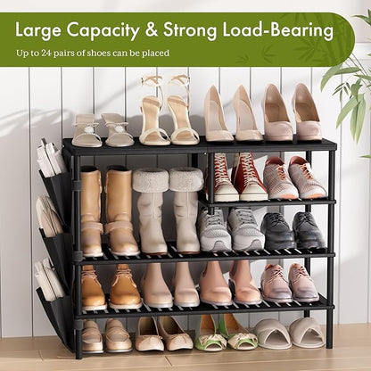 Bamboo Shoe Rack, 4 Tiers Shoe Organizer for Closet, Shoes Storage for 20-24 Pairs, Freestanding Shoe Shelf with Removable Pocket for Entryway Bedroom Front Door Dorm, Black