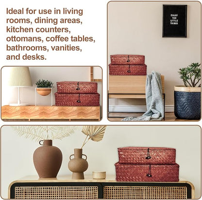 5 Pcs Seagrass Basket with Lid 5 Sizes Decorative Storage Boxes Rattan Wicker Storage Basket with Lids Woven Organizer Baskets Multipurpose Flat Storage Bins for Shelf Closet Bedroom (Dark Brown)