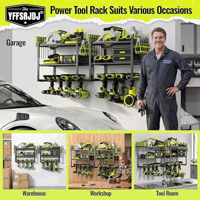 Power Tool Organizer Wall Mount 2 Pack, 4 Drill Holder, Garage Tool Storage and Organization Rack, Heavy Duty Wall Mounted Cordless Drill Organizer, Compatible with Ryobi Tools