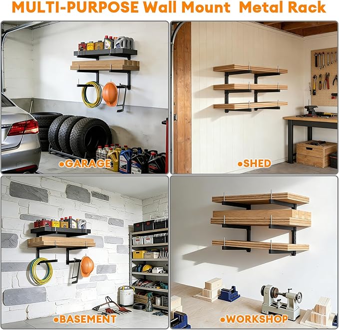 Lumber Storage Rack Wall Mount - Wood Storage Racks Heavy Duty Metal Shelf Wall Mount Wood Organizer Racks for Shed, Workshop, Garage, Basement, Wall Storage Racks - Indoor & Outdoor Use, 690 LBS Load