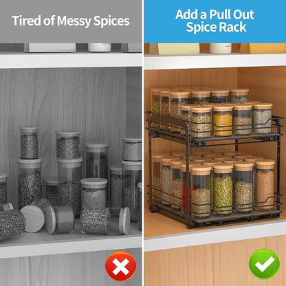 BOIVSHI 2-Tier Spice Rack, Pull Out Cabinet Organizer Spice Racks Height Adjustable Heavy Duty Metal Basket for Inside Cabinets & Pantry Closet(9.5''Wx10.5''Dx9.5''H)
