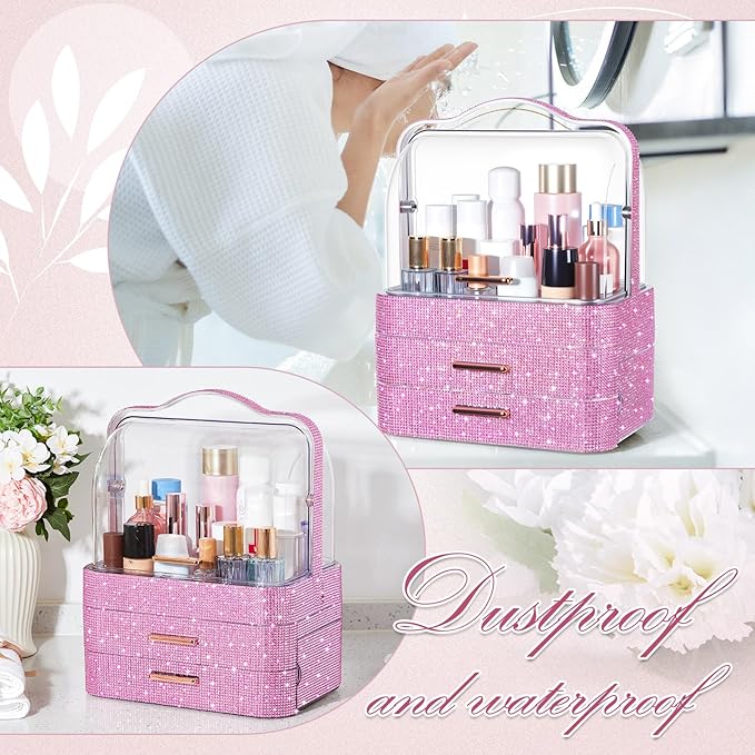 Honeydak Bling Makeup Organizer for Mothers Day Nurses Day Birthday Gifts Rhinestone Cosmetic Display Cases with Transparent Cover, Skincare Perfume Organizer for Countertop, Desk(Pink,Rhinestone)