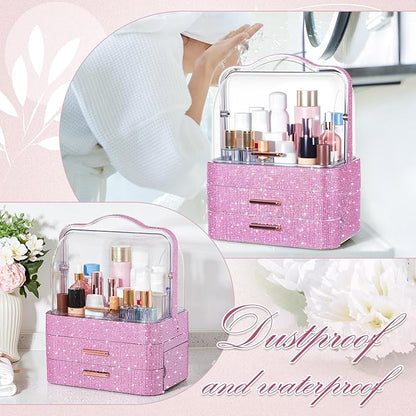 Honeydak Bling Makeup Organizer for Mothers Day Nurses Day Birthday Gifts Rhinestone Cosmetic Display Cases with Transparent Cover, Skincare Perfume Organizer for Countertop, Desk(Pink,Rhinestone)