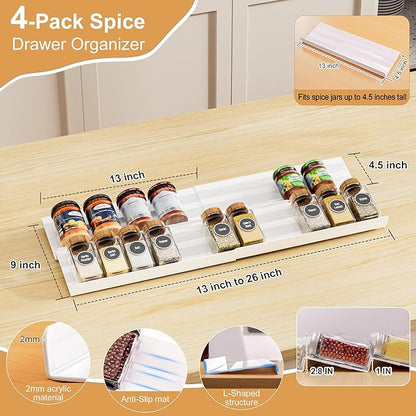 Spice Drawer Organizer 4 Tier, Adjustable White Kitchen Seasoning Rack Tray (13" to 26"), with Anti-Slip Mat, for Cabinet Countertop (Jars Not Included)-White