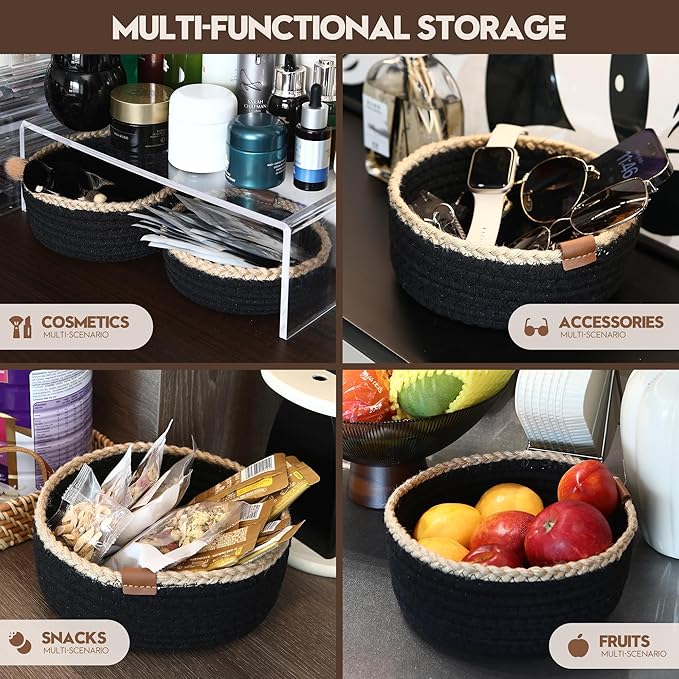 Sea Team 3-Pack Small Cotton Rope Storage Basket Set - Portable Round Organizers with Jute Braid for Small Items, Keys, Makeup & Trinkets