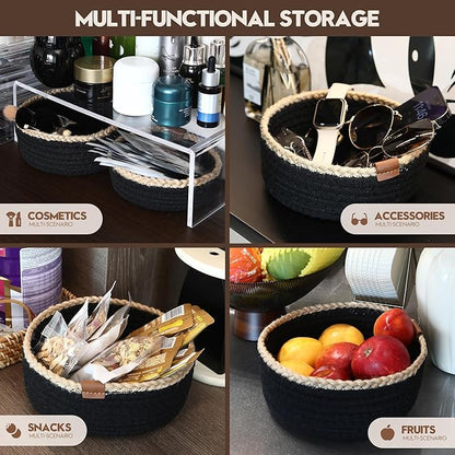 Sea Team 3-Pack Small Cotton Rope Storage Basket Set - Portable Round Organizers with Jute Braid for Small Items, Keys, Makeup & Trinkets