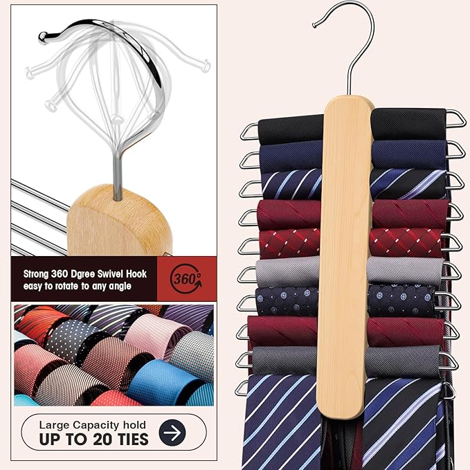 Tie Hanger 2 Pack,Tie Organizer for Closet 20 Storage Capacity,Wooden Necktie Organizer Tie Storage,360 Degree Rotating Accessory Organizers for Tie,Belt,Scarf