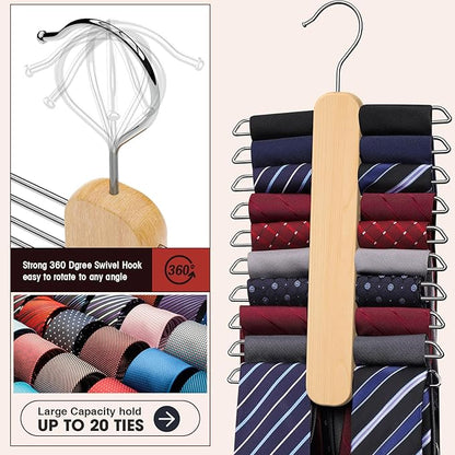 Tie Hanger 2 Pack,Tie Organizer for Closet 20 Storage Capacity,Wooden Necktie Organizer Tie Storage,360 Degree Rotating Accessory Organizers for Tie,Belt,Scarf