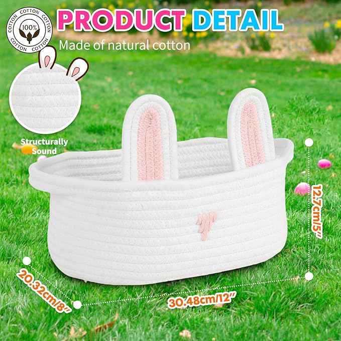 ShellKingdom Storage Basket with Handles, Empty Cute Rabbit Gift Basket with Gift Bags and Ribbon, Small Woven Baskets for Home, Nursery Organizer, 12 X 8 X 5 INCH, Easter White Pink