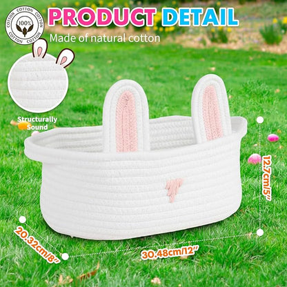 ShellKingdom Storage Basket with Handles, Empty Cute Rabbit Gift Basket with Gift Bags and Ribbon, Small Woven Baskets for Home, Nursery Organizer, 12 X 8 X 5 INCH, Easter White Pink