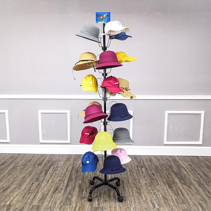 FixtureDisplays® 6-Tier 24 Hat Rotating Hat Display Rack Free Standing Headwear Wig Rack Metal Floor Rack for Caps, Wigs & Hats 20X20X74" 18164-24HAT-NPF