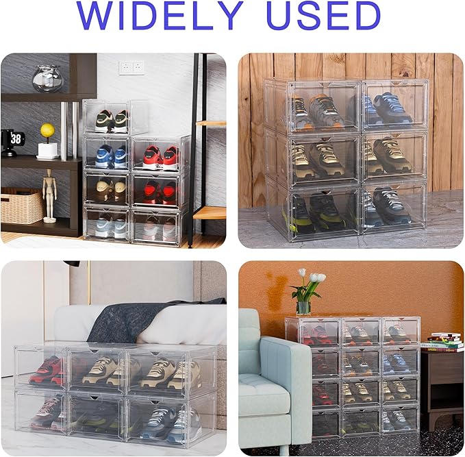 YIIHAA 6 Pack X Large Shoe Storage Box, hicken Sturdy Hard Plastic Clear Stackable Sneaker Shoe Rack for Size 6, Easy Assembly Storage Organizer, Holder Sneaker Container (Transparent, 6)