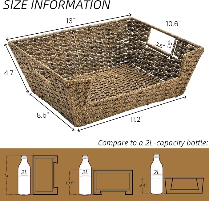 2 Pack Open Front Storage Baskets, Brown Paper Rope Woven Basket with Built-in Handles, 13''W x 10.6''D x 4.7''H Pantry Organzier Bins for Shelf, Bedroom, Living Room, Pantry