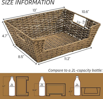 2 Pack Open Front Storage Baskets, Brown Paper Rope Woven Basket with Built-in Handles, 13''W x 10.6''D x 4.7''H Pantry Organzier Bins for Shelf, Bedroom, Living Room, Pantry