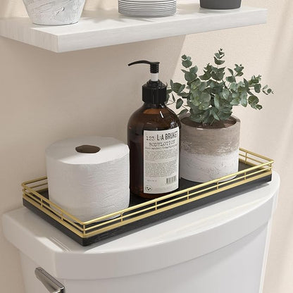 Oak Bathroom Toilet Tank Tray, 13" Paper Storage Basket Tray Back of Toilet Basket Organizer, for Perfume Makeup Candle Kitchen Counter Coffee Table Gold Decor