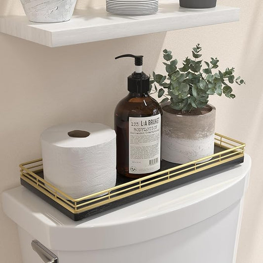 Oak Bathroom Toilet Tank Tray, 13" Paper Storage Basket Tray Back of Toilet Basket Organizer, for Perfume Makeup Candle Kitchen Counter Coffee Table Gold Decor