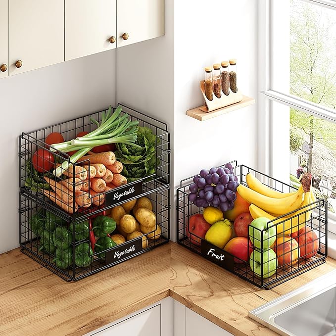 JKsmart 3 Pack XXL Stackable Wire Baskets with Handles for Pantry Storage and Organization, Fruit and Vegetable Basket with Name Plates, Metal Storage Bins for Snack Can Fruit Veggies, XXL