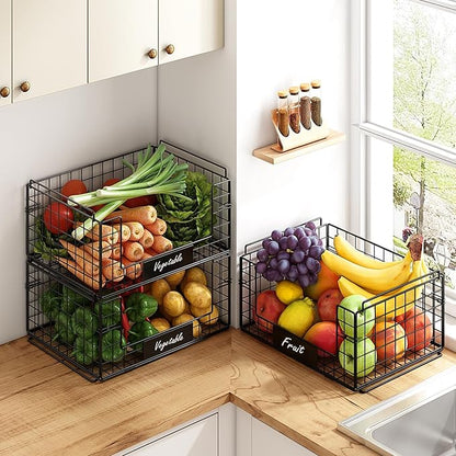 JKsmart 3 Pack XXL Stackable Wire Baskets with Handles for Pantry Storage and Organization, Fruit and Vegetable Basket with Name Plates, Metal Storage Bins for Snack Can Fruit Veggies, XXL