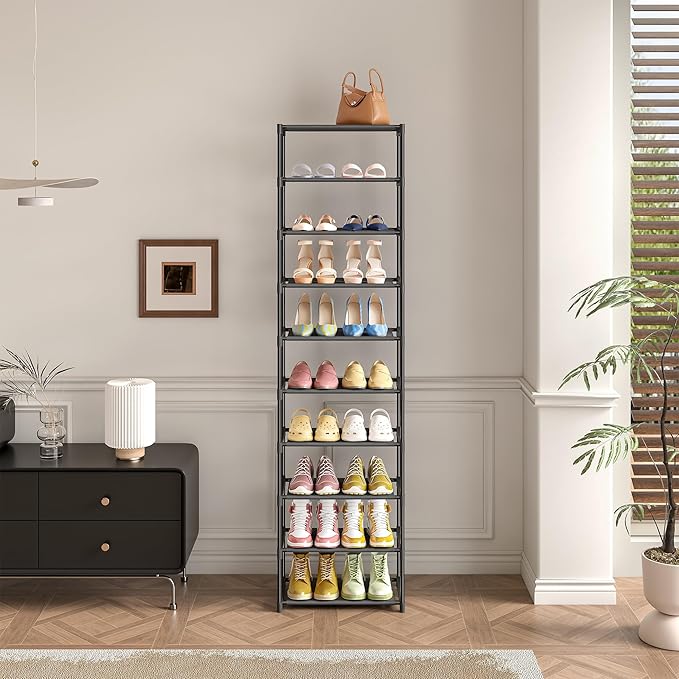Autonomier 10 Tier Tall Shoe Rack, Non-Woven Fabrics Compact Narrow Shoe Stand Shelf, Vertical Small Space Saving Storage Organizer for Closet Floor, Front Door Entrance, Entryway, Black