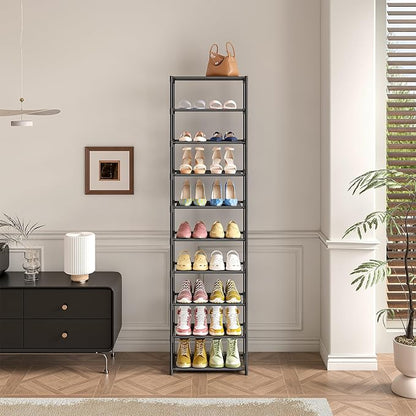 Autonomier 10 Tier Tall Shoe Rack, Non-Woven Fabrics Compact Narrow Shoe Stand Shelf, Vertical Small Space Saving Storage Organizer for Closet Floor, Front Door Entrance, Entryway, Black