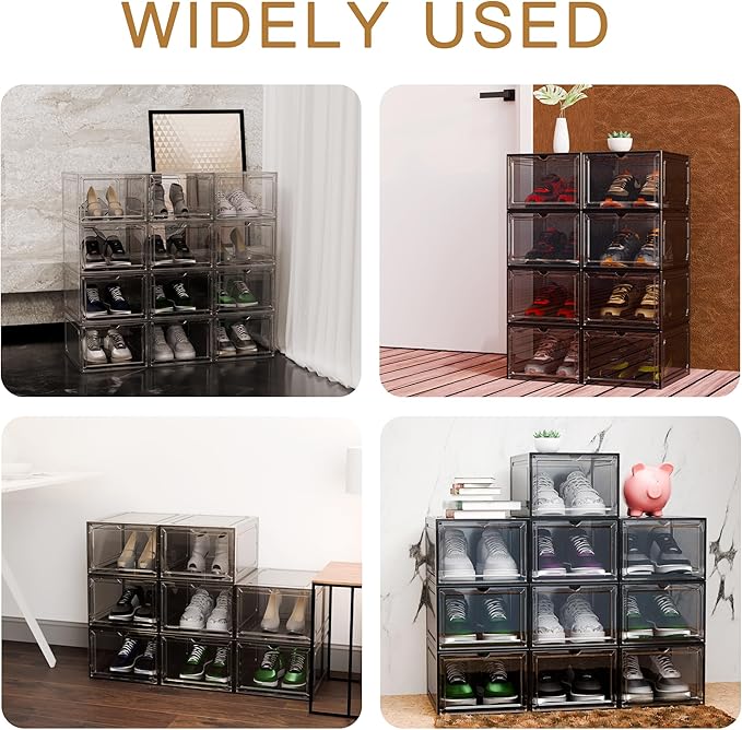 YIIHAA 12 Pack X Large Shoe Storage Box, hicken Sturdy Hard Plastic Clear Stackable Sneaker Shoe Rack for Size 12, Easy Assembly Storage Organizer, Holder Sneaker Container (Transparent Gray, 6)