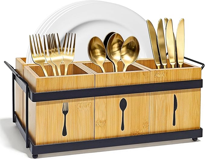 Silverware Caddy Wooden Silverware Holder Cutlery Storage Organizer Paper Plate Dispenser Flatware Cutlery Holder for Party Utensil Caddy for Spoons Forks Napkins Plates