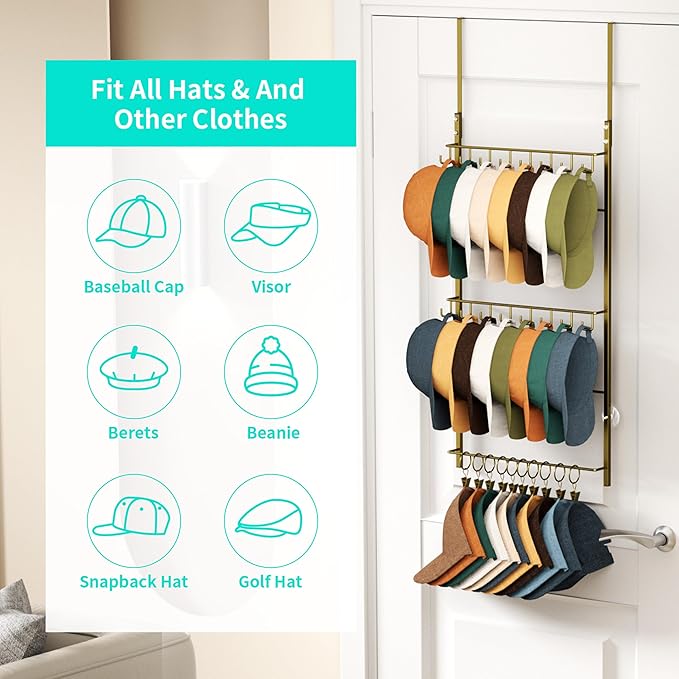 HapiRm Over Door Hat Rack - 3 Tier Wall Mounted Hat Organizer with 16 Hooks and 10 Movable Clips, Baseball Cap Organizer Storage Holds up to 26 Caps for Door, Bedroom, Closet USPTO Patent Pending