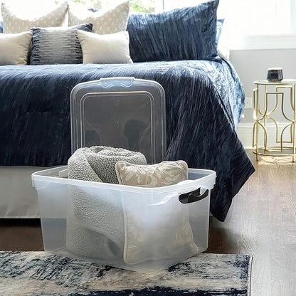 HOMZ 4-Pack Secure Latch, Clear Plastic Storage Organizer Bins, 66 Quart, Gray Latches - Stackable Container Boxes for Bedroom, Bathroom, Garage, and Office Organization