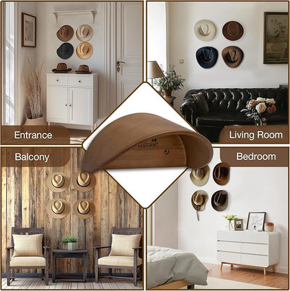 Cowboy Hat Rack for Wall, 4 Pack Hat Hooks with Non-Damage Brim Design, Rustic Wood Hats Hanger to Keep Original Shape of Hats, Hat Holder for Home, Closet, Entryway, Cabin, Western Room(Natural Wood)