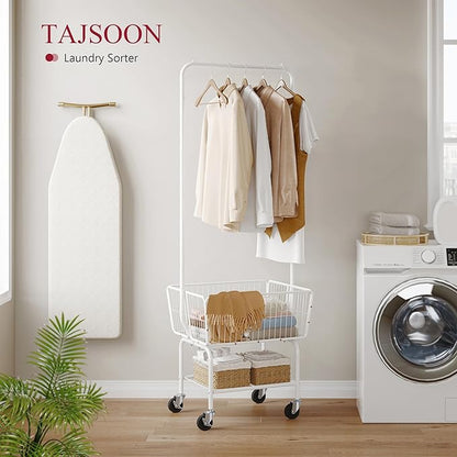 Tajsoon Laundry Cart with Hanging Rack, Metal Laundry Basket with Wheels, Laundry Hamper with Storage Basket and Shelf, Rolling Laundry Cart with Wheels, White