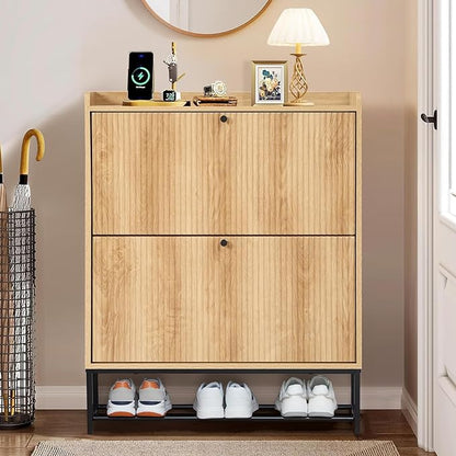 RARZOE Fluted Shoe Cabinet for Entryway with 2 Flip Drawers, Narrow Wood Shoe Cabinet with Fluted Panel, Slim Hidden Shoe Organizer Closed Shoe Rack with Metal Legs for Foyer,Hallway(31.5''Natural)