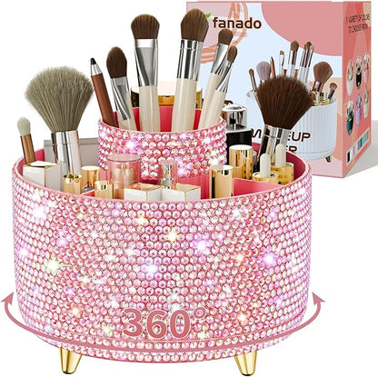 fanado Bling 360° Rotate Makeup Brush Holder Organizer, Makeup Organizers Countertop, Makeup organization and Skincare Storage for Vanity, Gift for Women Girls (Bling dz-Pink)
