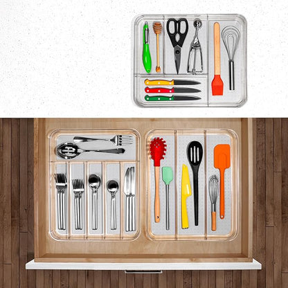 madesmart Premium Clear Silverware Tray, 6 Compartment Flatware Organizer for Forks, Knives & Spoons, Soft Grip Lining & Non Slip Base, Grey