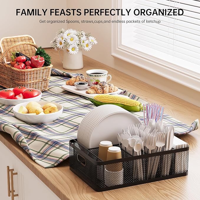 Paper Plate Organizer and Utensil Caddy for Countertop with Handle, 6-Compartment Paper Plate Holder and Silverware Tray for Cups, Forks, Spoons, Napkins - Ideal for Party, Camping, Picnic