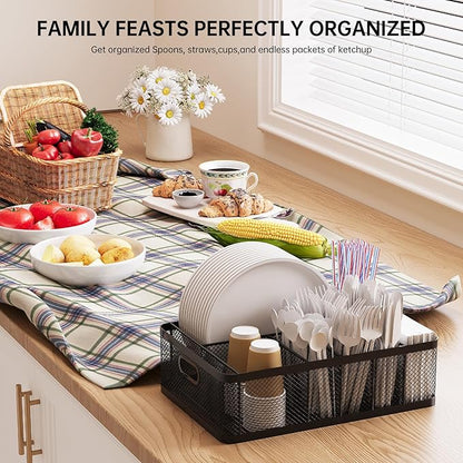 Paper Plate Organizer and Utensil Caddy for Countertop with Handle, 6-Compartment Paper Plate Holder and Silverware Tray for Cups, Forks, Spoons, Napkins - Ideal for Party, Camping, Picnic