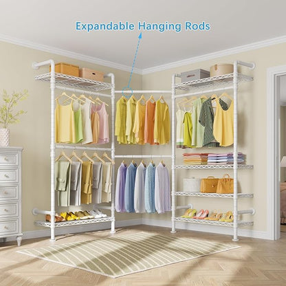 Timate F3 Garment Rack Heavy Duty Clothes Rack for Hanging Clothes, Expandable Industrial Pipe Wall Mounted Clothing Rack, Adjustable Storage Closet Wardrobe Closets System, White