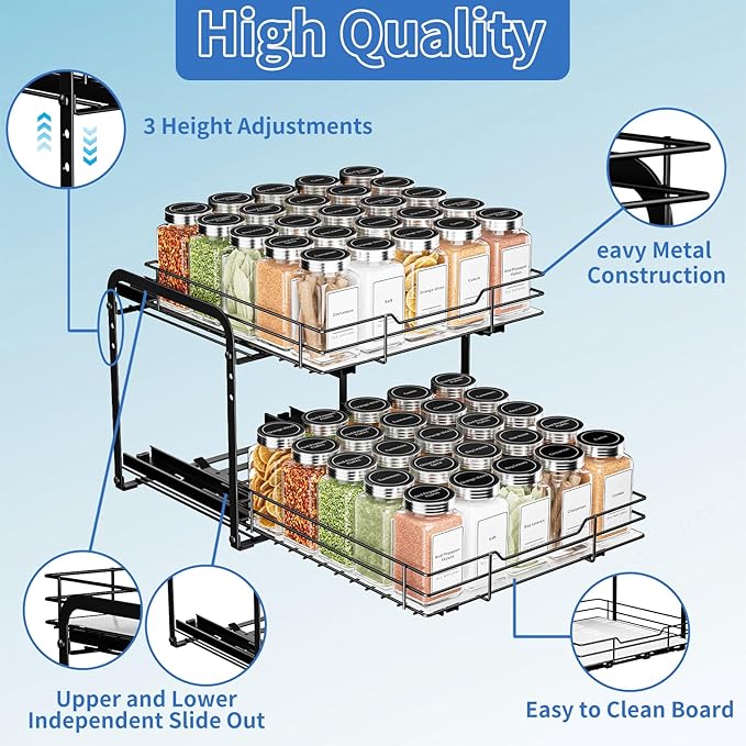 BOIVSHI 2-Tier Spice Rack Organizer, Pull Out Spice Rack for Cabinet, Height Adjustable Heavy Duty Metal Basket for Inside Cabinet & Pantry (11.5''Wx10.5''Dx9.5''H)