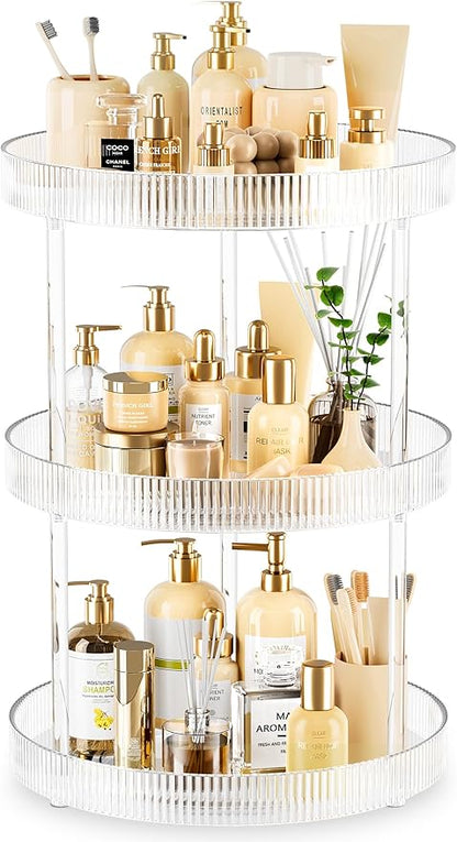 3-Tier Lazy Susan Bathroom Countertop Organizer, 360° Clear Rotating Storage Tray, Cosmetics and Perfume Organizer, Spinning Storage Tray Vanity Organizer Shelf for Bathroom Cabinet, Kitchen(Medium)